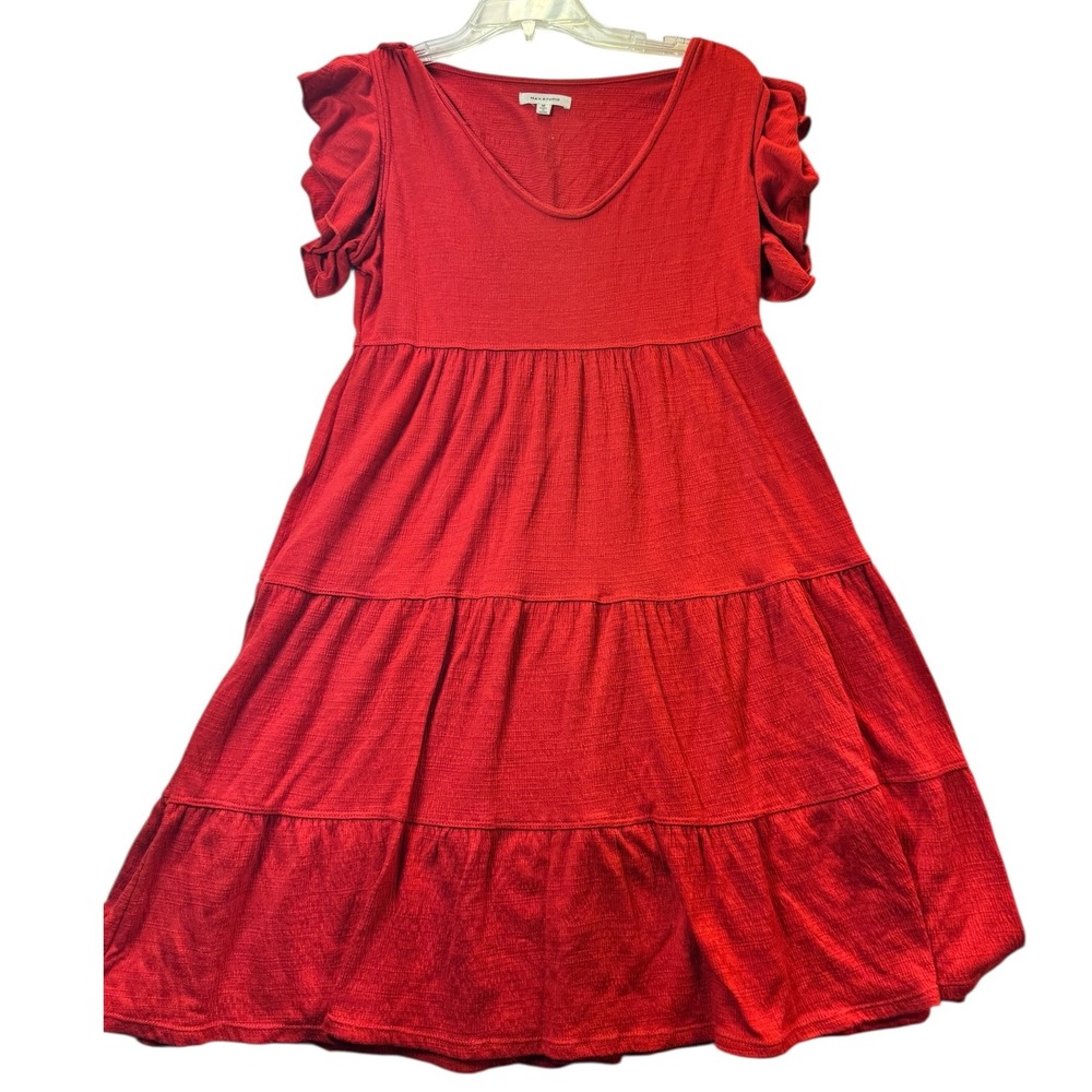 MAX STUDIO Red Tiered Ruffle Sleeve Dress Size M Shoulder Ties flowy boho
